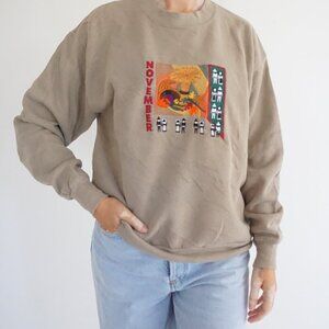 Vintage Jerzees Taupe November Harvest Folk Art Graphic Cotton Sweatshirt M